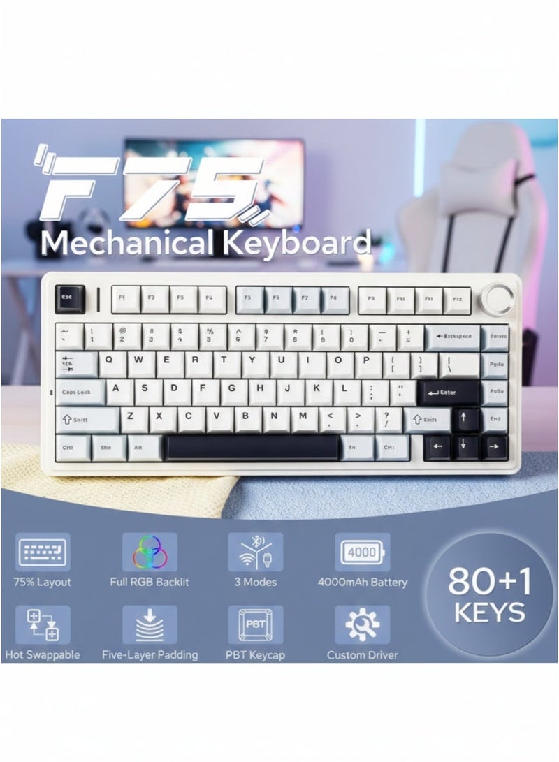 AULA F75 Mechanical Keyboard, 75% Wireless Gaming Keyboard, Hot-swappable Washers, Five-Layer Padged Knob, Bluetooth/2.4GHz/USB-C, RGB (Light Blue, Ice Pulse Switches) - Image 1